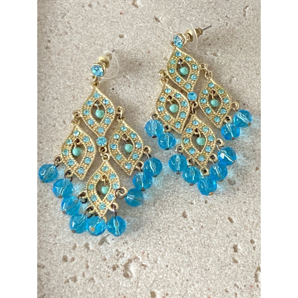 Blue Rhinestone Chandelier Earrings Gold Tone Beaded Boho Festival Dangle